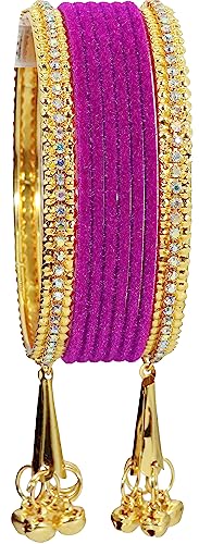 Image of NMII Metal with Zircon Gemstone and Velvet Studded Bells Latkan Bangles Set For Girls and Women I Latkan Bangles, Premium Bangle Bracelet Set I Pack of 16 Bangles
