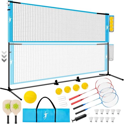 Badminton Netz Garten Volleyball Netz Pickleball Netz Set Höhenverstellbar Tragbares Set für Tennis Fußball mit Volleyball & Pickleball Schlägern & Badminton Schlägern Indoor Outdoor Spiele