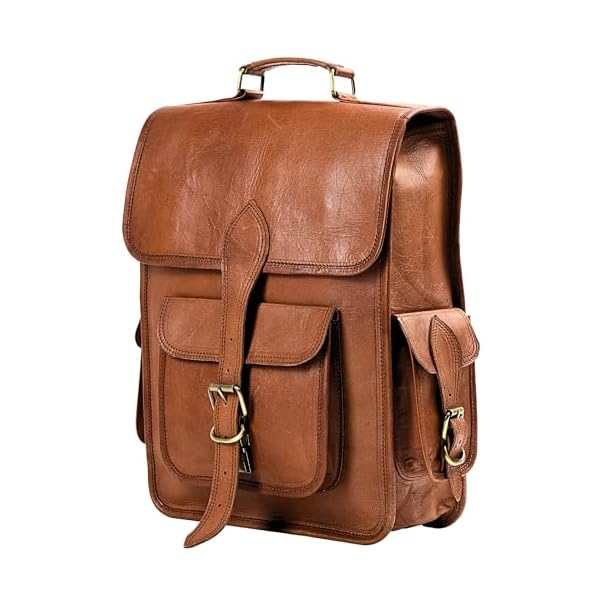 Genuine-Leather-Backpack-for-Men-15-Inch-Laptop-Bag-Leather-Travel-Backpack-for-Women-Vintage-Designer-Bookbag-Archeology-Art-Work-Hiking-Rucksack-Brown Volksy Bags Genuine Leather Backpack for Men, 15 Inch Laptop Bag, Leather Travel Backpack for Women, Vintage Designer Bookbag, Archeology Art Work & Hiking Rucksack - Brown