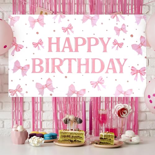 Pink Happy Birthday Backdrop Banner Coquette Bow Happy Birthday Banner 5.9x3.6ft Bow Themed Party Decorations For Girls Women Photography Bachelorette Party Decor by Yolev - Used condition - Image 6