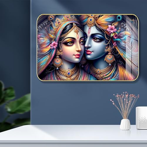 Image of Masstone Radha Krishna Crystal Embedded High Gloss Wall Painting, Golden Slim Frame, 45x30 Cm Wall Art for Living Room, Bedroom, Office & Home Decor (CRG36)