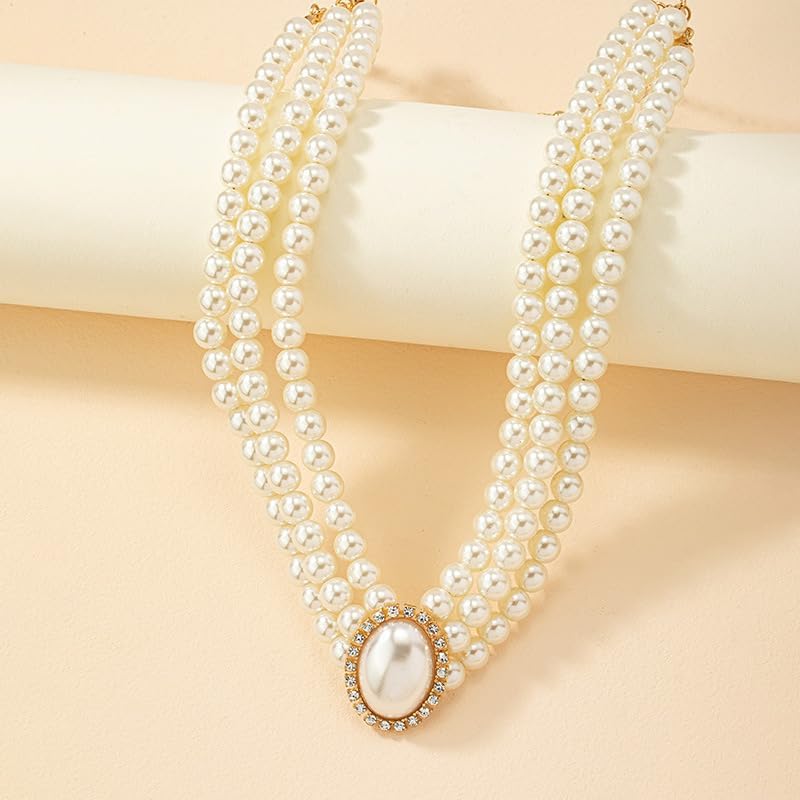 YERTTER Multi Layered Pearl Choker Necklace Set Rhinestone Pearl Pendant Chain Collar Choker Necklace for Women (Style 4) - Image 3
