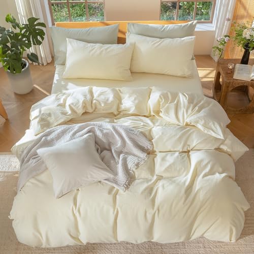 Image of MooMee Duvet Cover Set 100% Washed Cotton Linen Like Queen | Relaxed Linen-like Texture. Soft, Breathable & Long-lasting Comfort. Lightweight. Hidden Zipper with 8 Interior Corner Ties