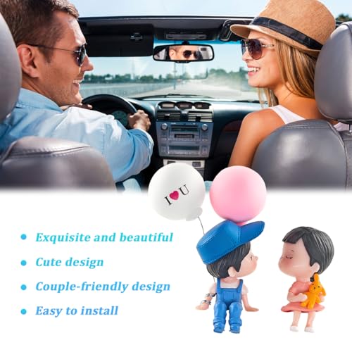 FALVFUN Cute Couple Car Decoration, Lovely Couple Kiss Figure Figurines Vehicle Dashboard Decor with Balloon, Automotive Interior Ornament Accessories for Boys Girls, Universal Fit (Blue)