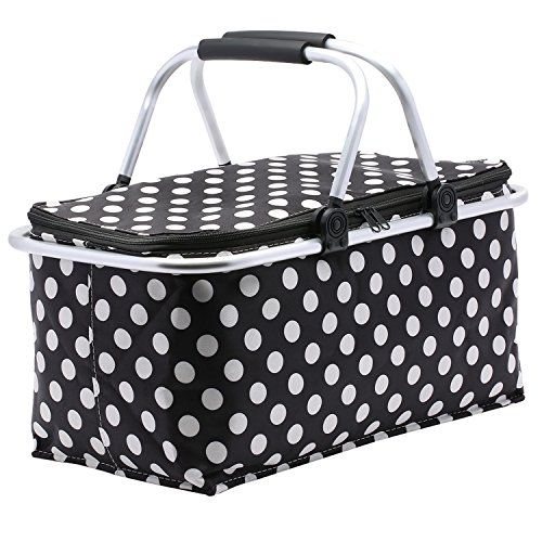 SUROY Picnic Basket, Insulated Folding Collapsible Market 600D Oxford Zip Closure Basket with Carrying Handles for Outdoor Picnic (Black Spots)