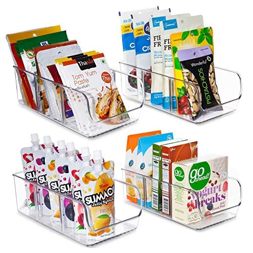 YIHONG Food Packet Organizer Bins for Pantry Organization, 4 Pack Plastic Clear Storage Bins for Storing Seasoning Packets, Spices, Sauce Packets,Snacks, with 2 Removable Dividers