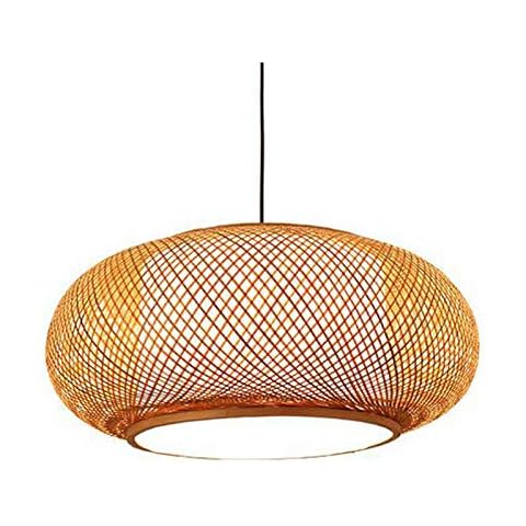 LITFAD Antique Lantern Pendant Lighting Rattan 1 Light Weaving Natural Wooden Ceiling Hanging Light Beige Bamboo Ceiling Fixture with Adjustable Cord for Dining Room Living Room Restaurant - 19.8" Cover