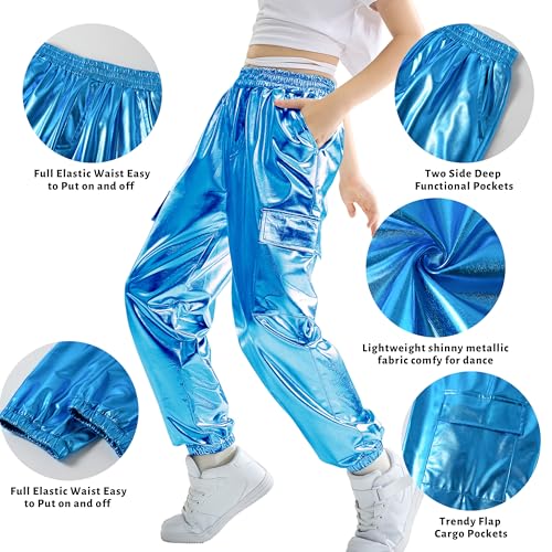 Image of Rolanko Girls Shiny Metallic Cargo Pants, Sparkle Jogger Pants for Girls Hip Hop Dance Streetwear Cargo Trousers 6-15 Years
