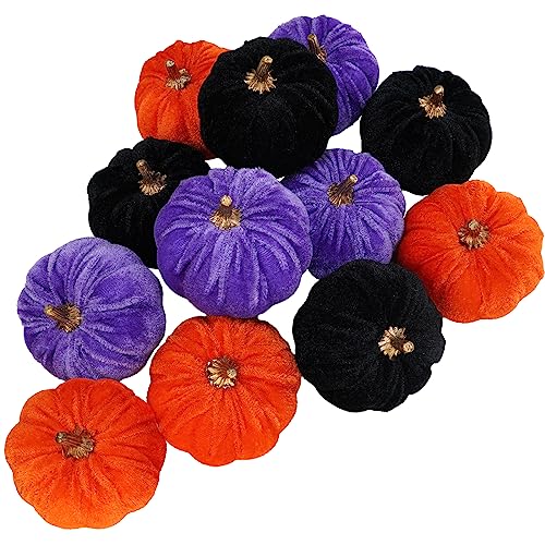 Image of Winlyn 12 Pcs Assorted Small Faux Halloween Velvet Pumpkins Decorative Orange Purple Black Fabric Foam Pumpkins 3 inch for Fall Wedding Halloween Table Centerpiece Mantel Bowl Decor