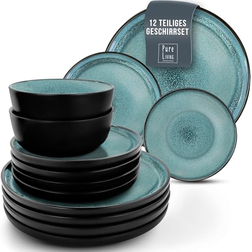 Servizio Piatti Ibiza per 4 Persone, 12 Pezzi Set Piatti Moderni Compatibile con Lavastoviglie e Microonde - Set da Tavola e Cucina di Pure Living Blu Fumé