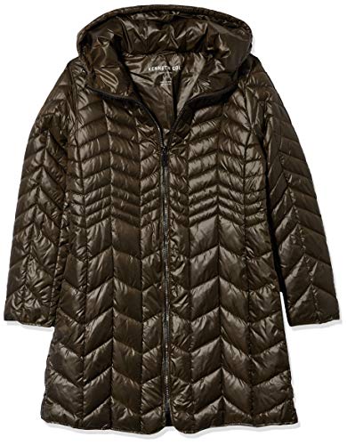 Kenneth Cole New York Women's Hooded Chevron Quilted Lightweight Puffer with Chunky Zipper, Green, Medium