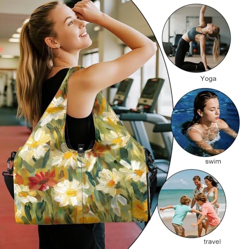 Vintage Floral Duffle Bag for Women with Yoga Mat Strap, Lightweight Waterproof Green Gym Bag with Shoe Compartment Wet Pocket Fitness Workout Stylish Sport Tote Bag2