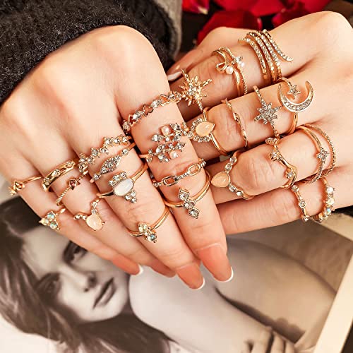 17IF Gold Boho Sparkle Knuckle Rings Set For Women, Vintage Fashion Aesthetic Trendy Joint Snake Ring Pack, Retro Pink Rhinestone Assorted Moon Star Crystal Love Leaf Diamond Pearl Jewelry2