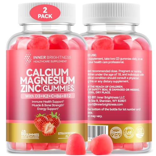 2 Pack Calcium Magnesium Zinc Gummies with Vitamin D3, K2, B12 & B6 for Women and Men, Calcium Citrate with Boron, Copper and Ashwagandha for Bone, Muscles, Calm Mood & Sleep Support, Immune Health