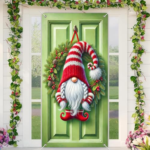 BlissYard Christmas Door Cover Gnome Striped 35x71 Inch Polyester