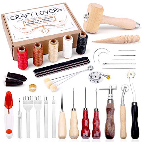 Leather Working Tools and Supplies, Leather Working Kit with Prong Punch, Waxed Thread, Tracing Wheel, Instructions, Leather Craft Tool Kit for Leather Craft Making