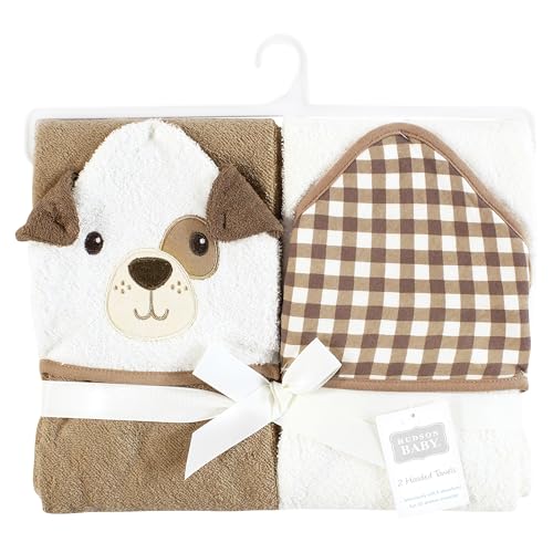 Image of Hudson Baby Unisex Baby Cotton Poly Animal Face Hooded Towel, Brown Gingham Puppy, One Size