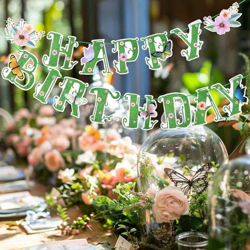Image of SUNBEAUTY Wildflower Happy Birthday Banner Green Spring Butterfly Flowers Party Banner Floral Birthday Decoration Spring Butterfly Birthday for Women Girl Baby Shower Garden Tea Fairy Party Supplies | Pre-Strung