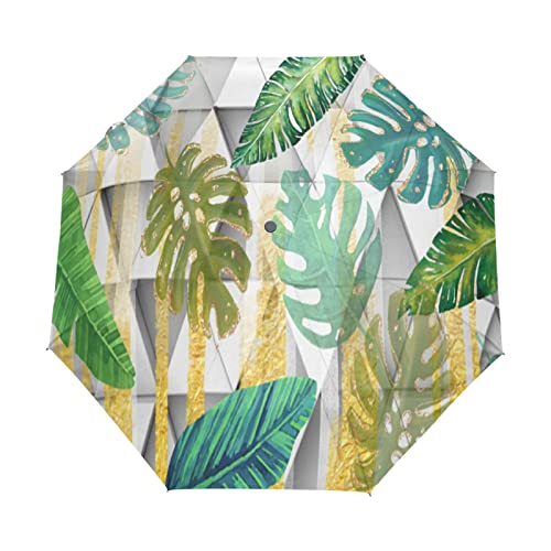 Parapluies pliant femme et fille avec motif de feuilles vertes tropicales