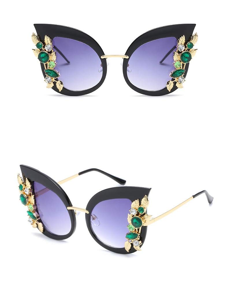 CheziGreen Crystal Gold Leaf Cateye Sunglasses (black frame purple lens)