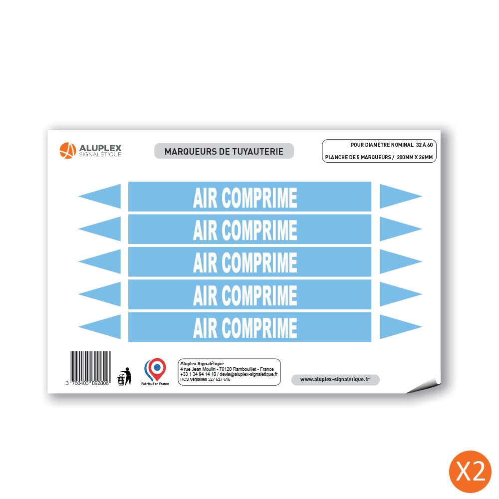 Planche de 10 marqueurs de tuyauterie AIR (Ø DM 32 à 60) pour fluide AIR COMPRIMÉ / 200 x 26mm