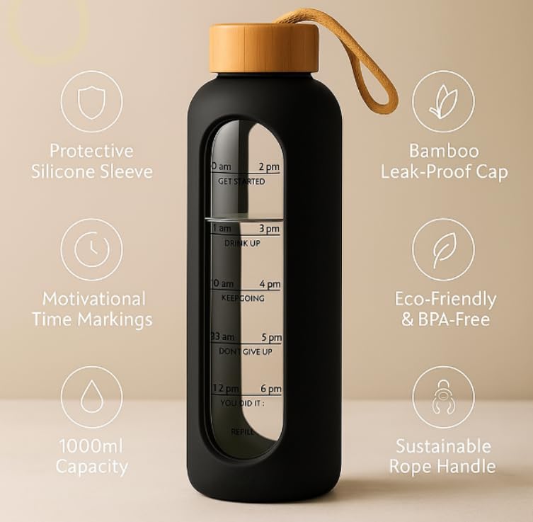 Image of Glass Water Bottle 1 Ltr with Protective Silicone Cover Borosilicate Glass Airtight, Leak-Proof Bamboo Lid,BPA-Free, Eco-Friendly,Reusable for Gym /Travel /Office /Home |Time Marker, Motivational (BLACK)