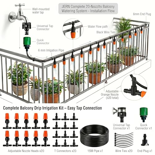 Image of JERN DIY 20 Nozzle Drip Irrigation Kit for Plants, Automatic Plant Watering System with Misting Cooling Nozzles, DIY Garden Irrigation Set for Balcony, Terrace, Lawn, Patio, Greenhouse & Outdoor Use