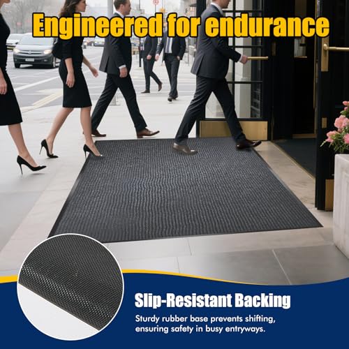 Image of Extra Large Indoor /Outdoor Entrance Mat - 4 x 6 Feet, Rubber Border Door Mat Heavy Duty, Waterproof, Low-Profile, Easy to Clean, Rubber Entry Mat, Commercial Floor Mat, Charcoal Grey