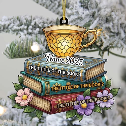 Personalized Tea Cup Book Ornament, Custom Name and 3 Book Titles Vintage Style, Cozy Reading Lover Gifts, Elegant Christmas Ornaments for Readers and Holiday Tree Décor 2025