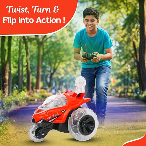 Image of Gooyo GY-0242 Rechargeable Stunt Car Toy for Kids with Tornado Rotation, Reverse Drive Function, Demo Mode, Lighting Effect & Music | Remote & USB Included | Power Source: in-Built Battery | Red