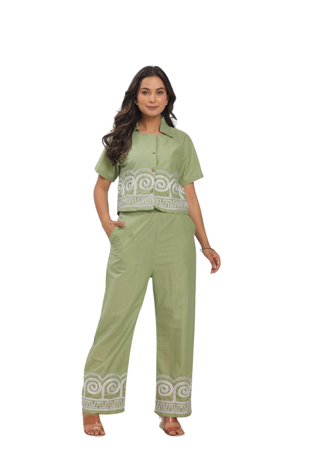 outsling craft Women's Cotton Embroidered Crop top Co-Ord Set Coordinate Set Summer Wear Printed Crop Top with Pant Set (Green-XXL)-picture-36