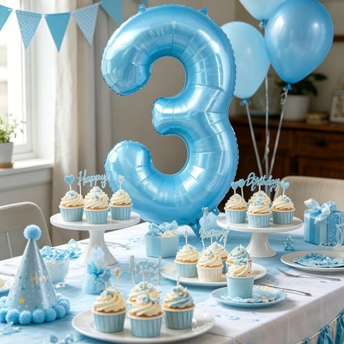 Image of Pastel Blue 3 Balloon Number, Light Blue 3 Balloons for Birthday Party | Number 3 Balloon,40 Inch,Pastel Blue,Helium-fillable,3 Foil Mylar Balloons,for Birthday Party Anniversary Decorations