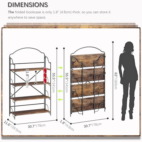 Image of 4NM No Assembly Folding Bookshelf for Living Room, 4 Tiers Collapsible Book Shelves Open Industrial Foldable Bookcase Storage Shelf for Home Office - Rustic Brown Black