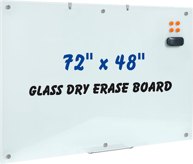 Wingwise Large Glass Dry Erase Board, 72 x 48 Inches Magnetic Whiteboard | magnetic glass whiteboard, smooth erasable surface, sleek wall-mounted 6' x 4' frameless board for office, home, school