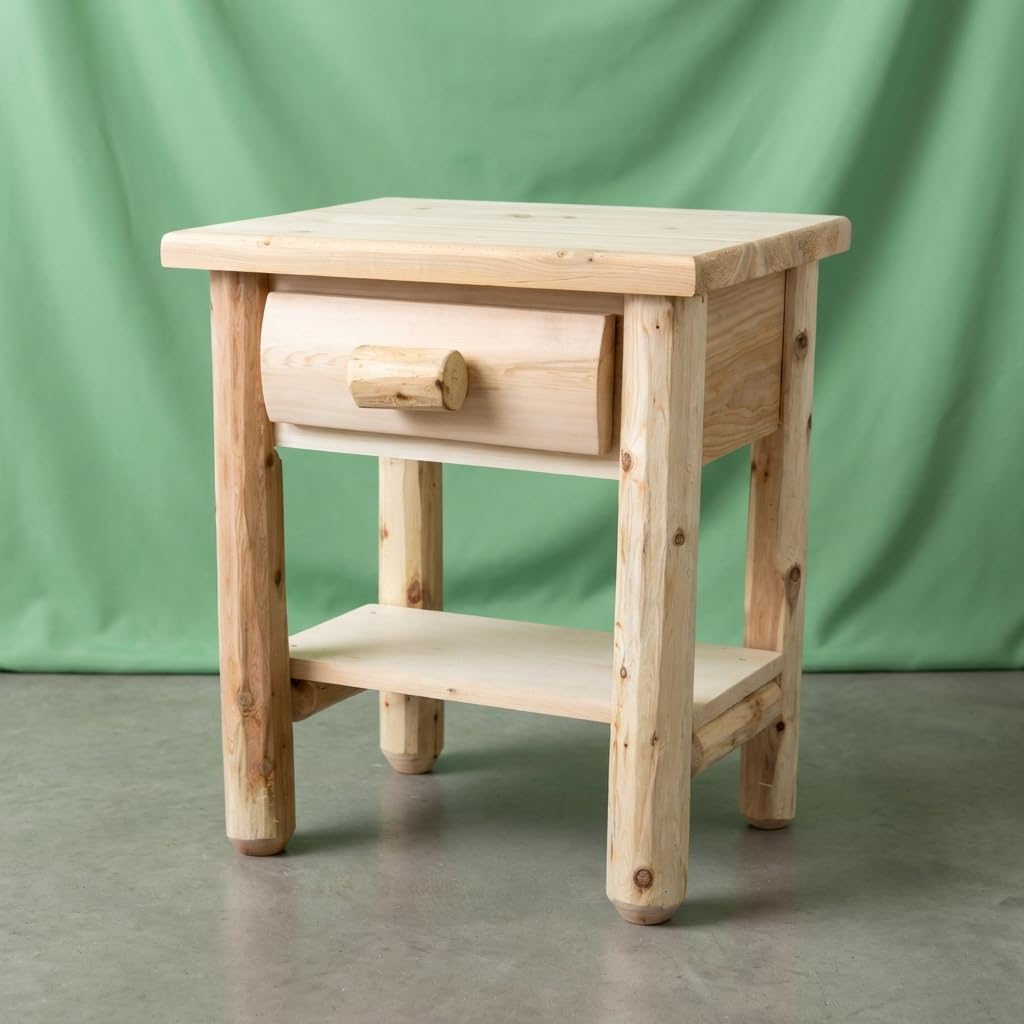 Log Nightstand [1 Drawer] - Unfinished/Dovetail / 100% Solid Wood/Amish Handcrafted in USA