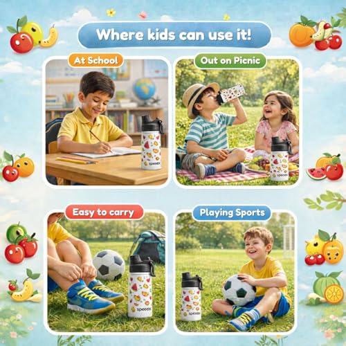 Image of Speedex Tutty Fruty 500 Kids Vacuum Insulated Stainless Steel Water Bottle 450 ML | Double Wall Hot & Cold Sipper (Straw + Direct Sip) | Leakproof BPA Free School Water Bottle for Boys & Girls