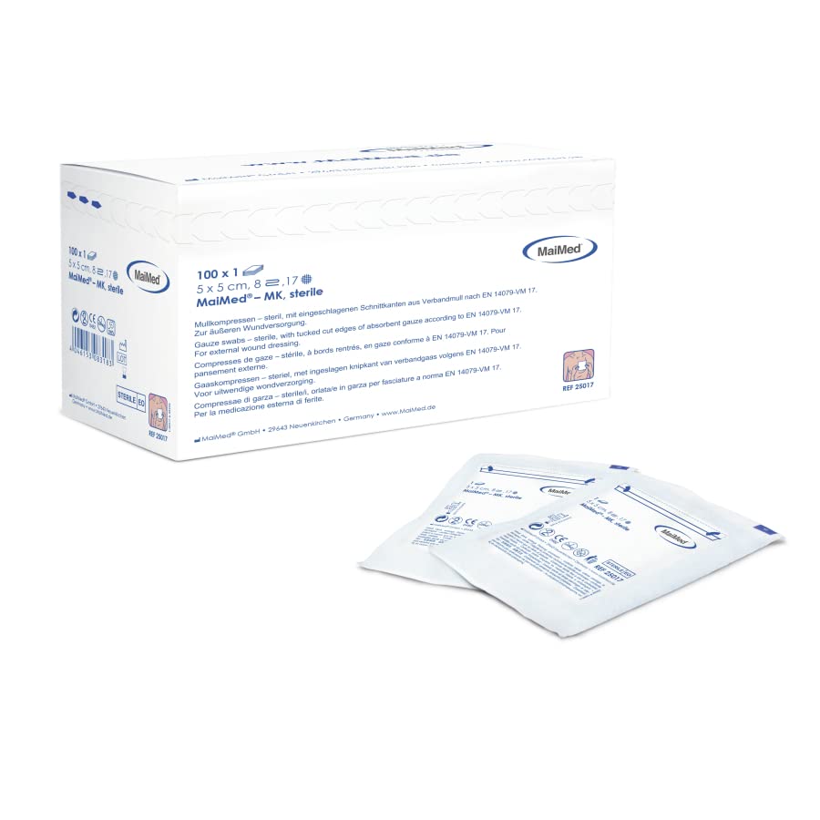 Maimed 25017 Gasa estéril, 8 capas, estériles, 5 cm x 5 cm, 100 unidades