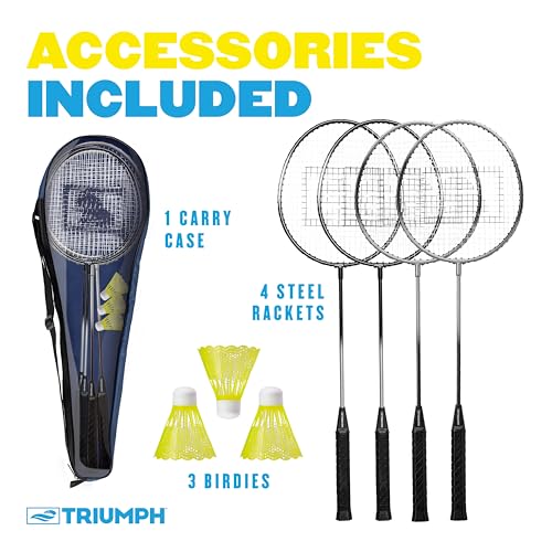 Image of Triumph Sports Badminton Set for Backyard & Outdoors with 4 Steel Rackets, 3 Badminton Birdies & Carry Bag - Ultimate Outdoor Game Set for Backyards, Beaches, Camping & Tailgating