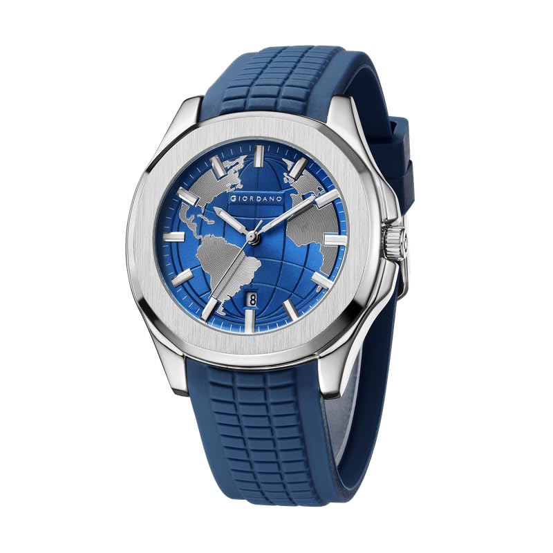 Image of Giordano Stylish World Map Design Analog Watch for Men with Silver Case Round Dial, Textured Silicone Strap, Water Resistant and Date Display Function - GZ-50147