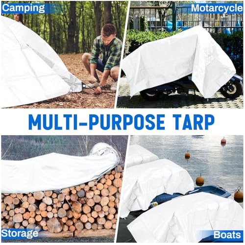 Image of 4 Pack White Tarps 10 x 20 ft, 5.5 Mil Heavy Duty Waterproof Tarp, Multipurpose Shade Tarp for Patio, Pergola, Swimming Pools, Boats, Camping, Courtyards, Sunshade & Outdoor Protection Cover