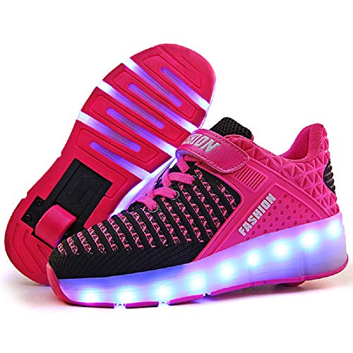 Ylllu Kids LED USB Charging Roller Skate Shoes with Single Wheel Shoes Light up Roller Shoes Rechargeable Roller Sneakers for Girls Boys Children(3 US Little Kid, Rose)