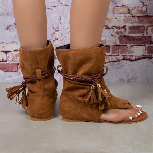 Casual Tassel Sandals for Women, Retro Bohemian Gladiator Sandals Flat Clip-Toe Beach Shoes3