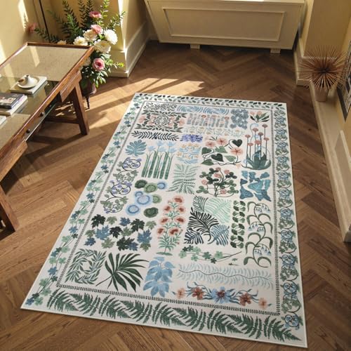 Zealude Floral Boho Beige Washable 3x5 Bathroom Entrance Rugs Indoor, Non Slip Flower Botanical Area Rugs for Kitchen Floor Soft Throw Carpet for Laundry Living Room Entrance (Beige,3 x 5)