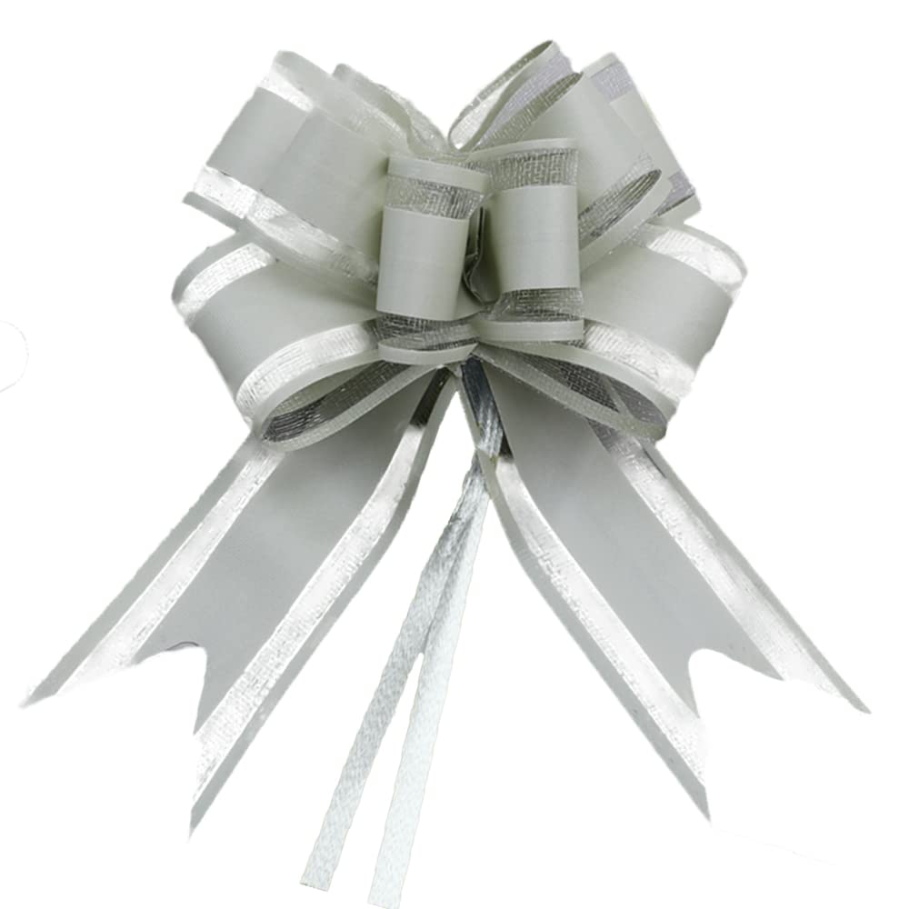 Dishaur Silver Grey 30Pcs Large Organza Christmas Pull Bows For Gift Wrapping, 50Mm Pulled Bow Ribbons Gift Bows For Present Wedding Car Gift Baskets