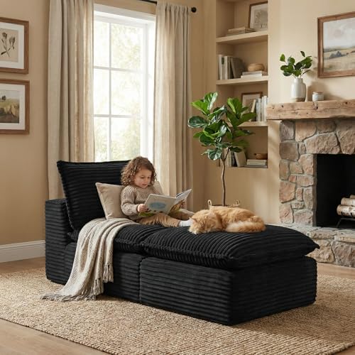 Image of Modular Sectional Sofa Add-On Set - Corduroy Middle Seat & Ottoman, Convertible Armless Chair with Footstool, DIY Expansion Module for Living Room, Bedroom, Apartment