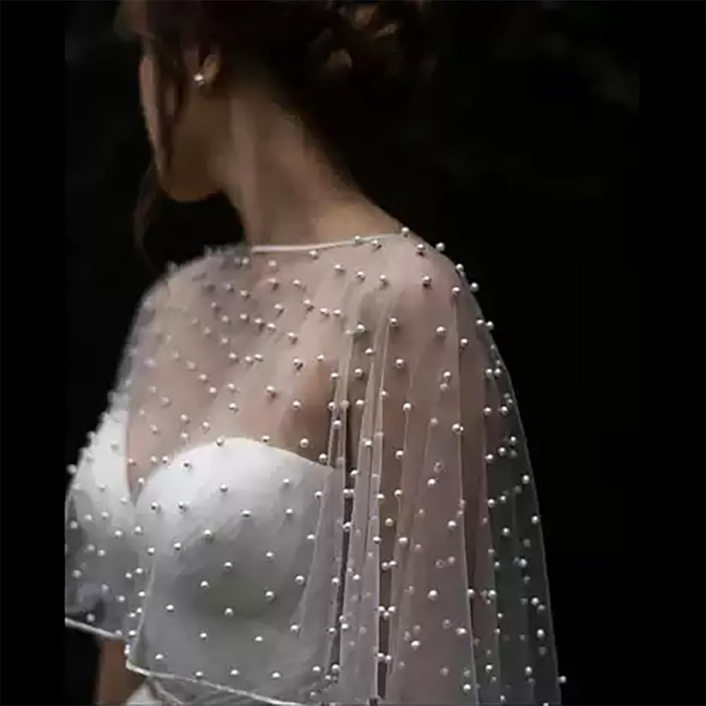 Capa de tul con cuentas de organza suave, capa de gasa elegante capa corta con perlas sintéticas, bufanda de cuello nupcial para novia, fiesta, boda, vestido de noche (1#)