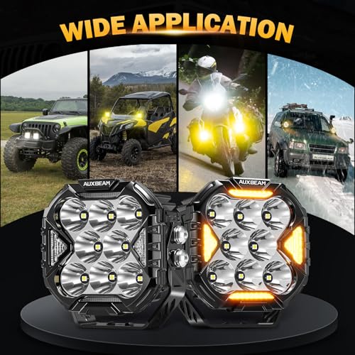 Image of Auxbeam Cube-Z Series 4 inch Led Pods with Amber Covers, 112W 12800LM Spot Offroad Driving Lights with DRL Turn Signal, Cube Ditch Lights with DT Wiring Harness for Jeep Offroad Truck ATV UTV, Pair