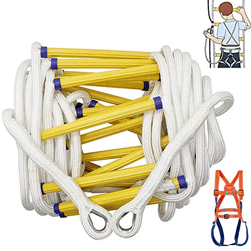 Escalera Plegable Telescopica 5-20 Metros - Portátil Escalera Cuerda Escalada de Emergencia con Ganchos - Resistente Llamas - Capacidad de 300 Kg,with Full Body Harness,15m