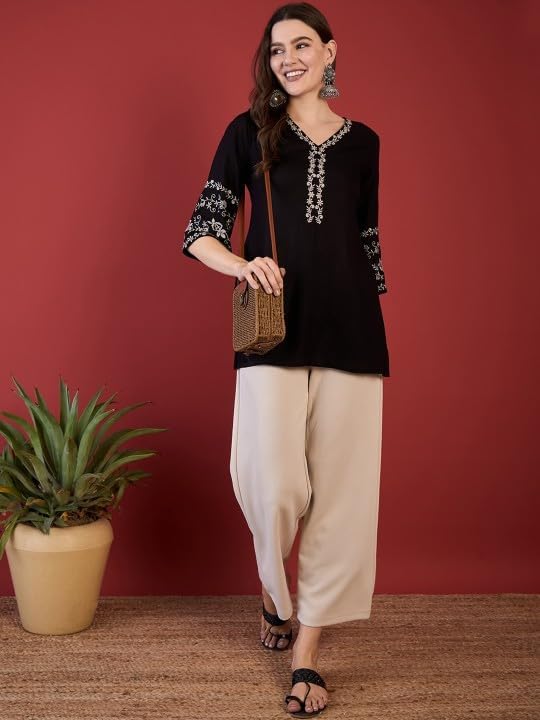 Image of MAHIRA'S Comfort Women's Short Kurti, Rayon Tunic Top with 3 /4 Embroidered Designer Sleeves | Soft Breathable Fabric | Office & Casual Kurti for Jeans, Leggings & Trousers