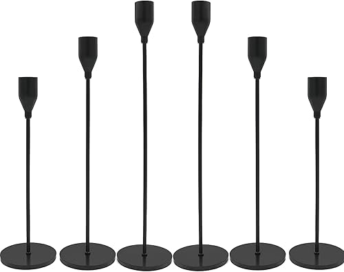 Portavelas de color negro mate juego de 6 portavelas para velas cónicas de 34 pulgadas y portavelas de metal moderno LED centros de mesa decorativos